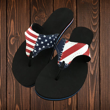 Red white and blue flag flip flops